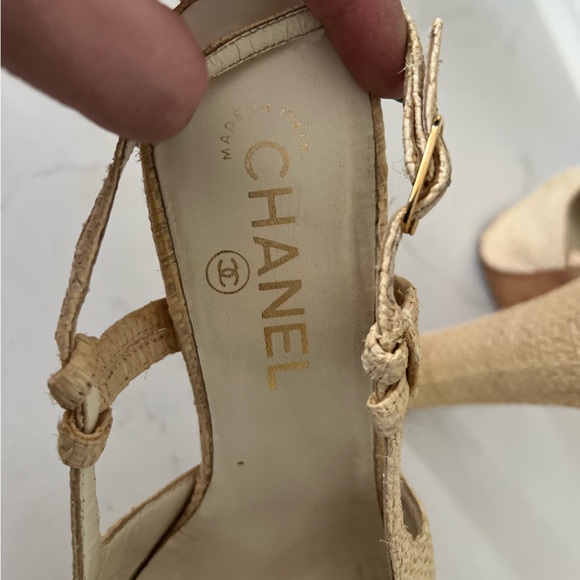 Chanel Gold Toe Interlocking C Raffia Sling Back Pumps Size 38 US Sz 8 - Picture 3 of 6